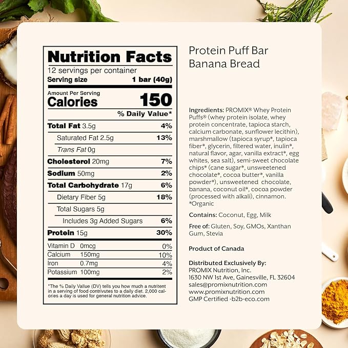 ProMix Nutrition Protein Puff Bars - Banana Bread - Marshmallow Crispy Treat - Great Tasting & Healthy On The Go Snack - High Protein & Low Calorie - Free From Gluten, Soy, & Corn - 12 Bars