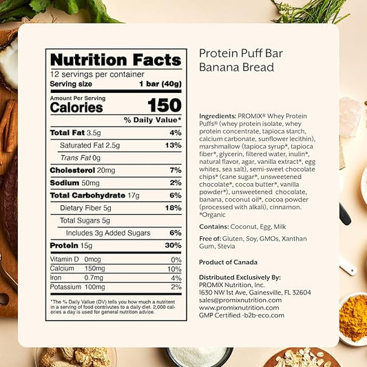ProMix Nutrition Protein Puff Bars - Banana Bread - Marshmallow Crispy Treat - Great Tasting & Healthy On The Go Snack - High Protein & Low Calorie - Free From Gluten, Soy, & Corn - 12 Bars