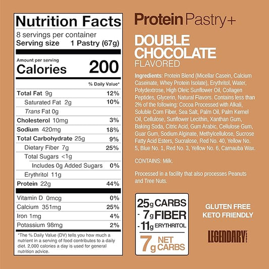 Legendary Foods 22g Protein Pastry+ Premium Low Carb Meal Replacement Bar - Low Glycemic, Gluten Free Protien Snacks - Healthy Keto Snack Box, 8x Zero Sugar Energy Bars - Bariatric Diabetic Friendly