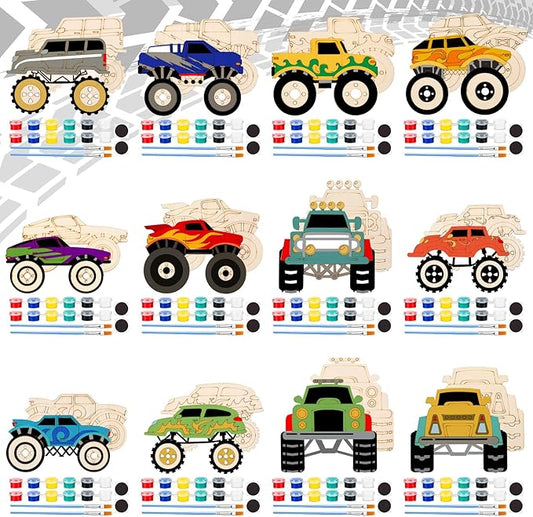 24 Pcs Unfinished Wood Monster Truck Cutouts Crafts Truck Party Favors Vehicles to Paint Wooden Car Magnets Ornaments DIY Tags Gift for Car Party Decoration Craft Project