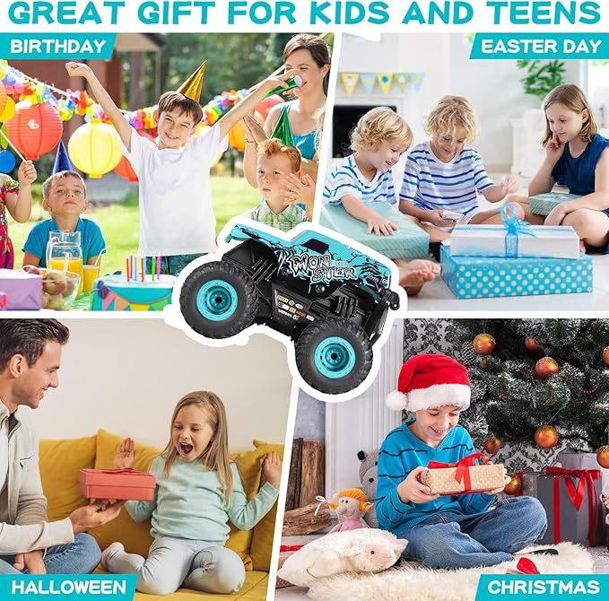 DYODYORC Remote Control Car, 2.4Ghz All Terrain Monster Truck Toys, RC Truck with Music, 3 Lighting Effects, 360 Stunt Capable, All Included Ready to Run, Toy Gifts for Boys and Girls (Blue)