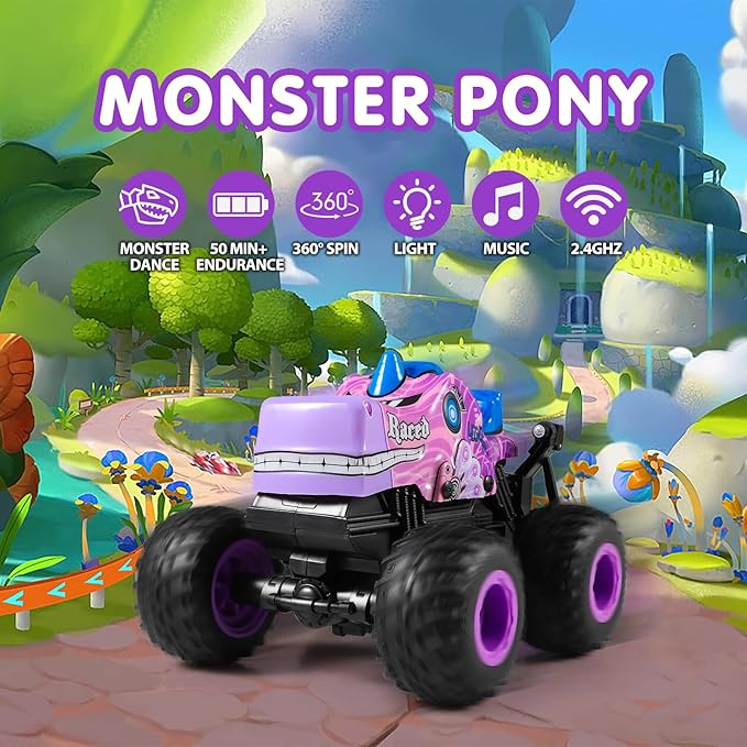 DYODYORC Remote Control Car, 2.4Ghz All Terrain Pony Monster Truck Toys, RC Truck with Music, 3 Lighting Effects, 360 Stunt Capable, All Included Ready to Run, Toy Gifts for Boys and Girls (Pink)