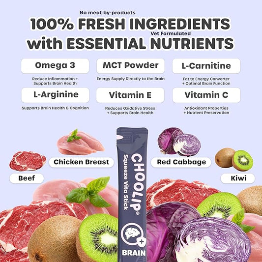 Squeeze Vita Stick Lickable Treats for Dogs & Cats. 49 Brain Support Sticks with Essential multivitamins. Soft and Tasty Paste for All Life Stages, Supporting Brain Health