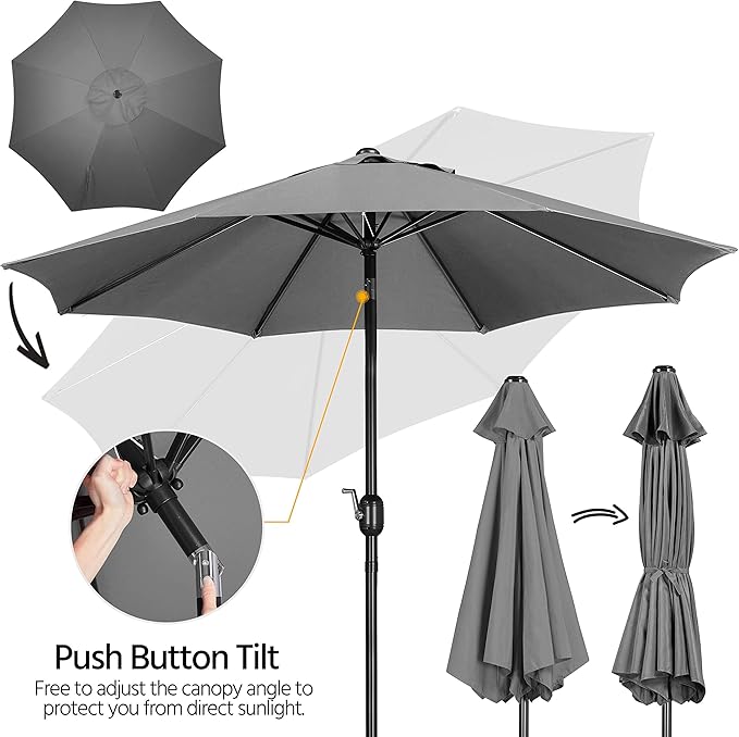 Yaheetech 9FT Patio Umbrella Outdoor Umbrella Patio Yard Market Table Umbrella with Push Button Tilt & Crank for Garden/Beach/Lawn/Deck/Backyard/Pool, 8 Ribs, Gray