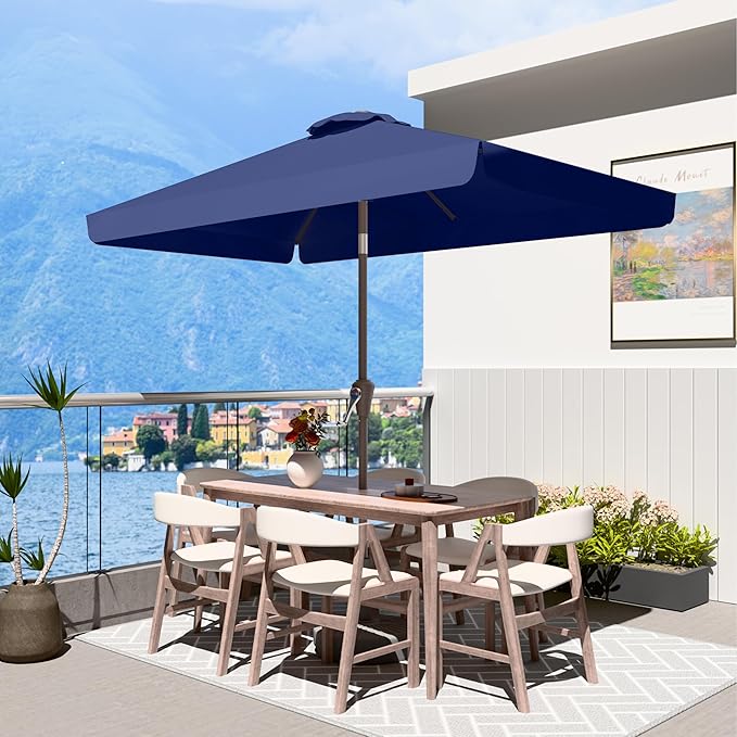 6.5 * 10FT Rectangular Patio Umbrella Table Market Umbrella w/Tilt and Crank Outdoor Umbrellas for Garden, Deck, Backyard, Pool and Beach, Navy