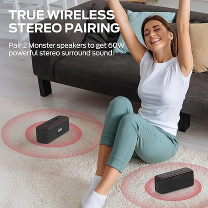 Monster Shock Plus Bluetooth Speaker, Portable Speaker with 30W Loud Stereo Sound, Bluetooth 5.4, TWS Pairing, 15H Playtime, Support AUX/TF Card, IPX6 Waterproof Wireless Speakers for Outdoor, Party
