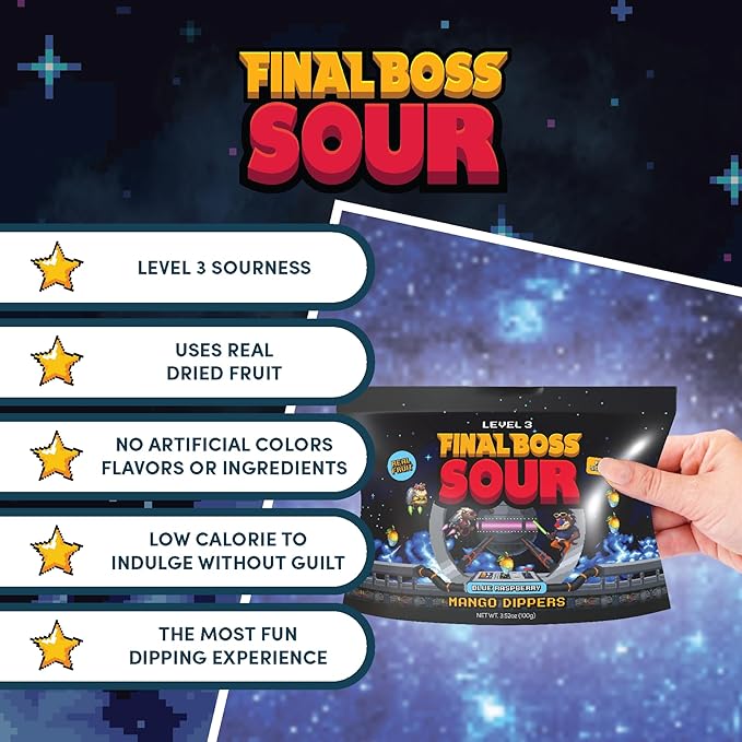 Final Boss Sour Candy, Fun Dip, Extreme Super Sour Blue Raspberry Powder with Real Candy-Tasting Dried Mangoes, (3.5 Ounces Bags, Pack of 4 Bags) - Vintage Old School 80s and 90s Party Candy