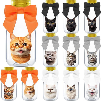 Small 12 Pack Cat Party Favors - DIY Candy Jars with Ribbons and Stickers - Kitty Decoration Bottles for Birthday and School Classroom Kids - Kawaii Treat Table Centerpiece for Boys and Girls
