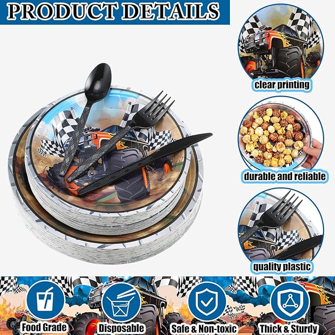350 Pcs Monster Truck Theme Party Supplies Serves 50 Guests Racing Car Birthday Decorations Tableware Set Include Plates Napkins Cup Knives Spoon Fork for Race Car Truck Birthday Party Favors