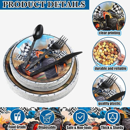 350 Pcs Monster Truck Theme Party Supplies Serves 50 Guests Racing Car Birthday Decorations Tableware Set Include Plates Napkins Cup Knives Spoon Fork for Race Car Truck Birthday Party Favors