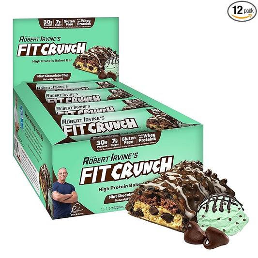 FITCRUNCH Full Size Protein Bars, 6-Layer Baked Bar, 7g of Sugar, Gluten Free & Soft Cake Core (12 Bars, Mint Chocolate Chip)