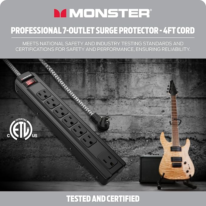 Monster Pro MI Professional Surge Protector Power Strip with Fireproof MOV Technology for Computers, Amplifiers, Pedal Boards, and Pro Audio Gear, 1350 Joule, 4 ft Cord, 7 Outlet Power Strips