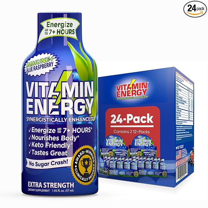 Vitamin Energy Immune+ Extra Strength Daily Energy Shot – Blue Raspberry – 260mg Natural Caffeine, B-Vitamins, Green Tea, Citicoline – Immune & Focus Support – Zero Sugar, Vegan – 1.93 fl oz, 24-Pack