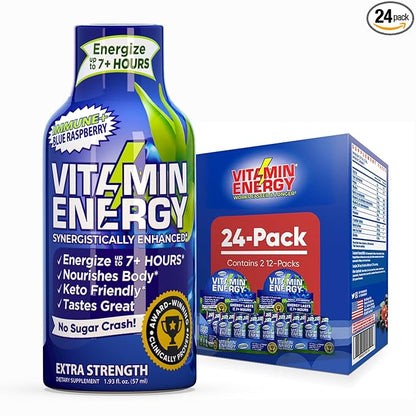 Vitamin Energy Immune+ Extra Strength Daily Energy Shot – Blue Raspberry – 260mg Natural Caffeine, B-Vitamins, Green Tea, Citicoline – Immune & Focus Support – Zero Sugar, Vegan – 1.93 fl oz, 24-Pack