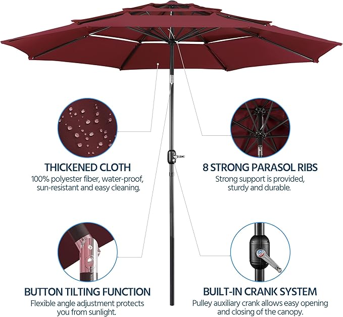 Yaheetech 3 Tier Patio Umbrella 10ft Vented Outdoor Large Market Table Umbrella with 8 Sturdy Ribs & 1.5" Umbrellla Pole, Double-layer Cloth & Push-button Tilting & Crank for Pool/Garden/Lawn Burgundy