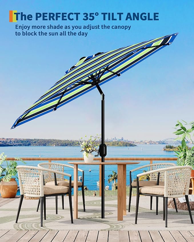 9FT Patio Umbrella Outdoor, Market Umbrella, Table Umbrella with Push Button Tilt and Crank, 8 Sturdy Ribs UV Protection Waterproof for Garden, Pool, Deck, Backyard (Yellow-Blue-Purple Striped)