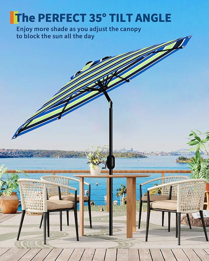 9FT Patio Umbrella Outdoor, Market Umbrella, Table Umbrella with Push Button Tilt and Crank, 8 Sturdy Ribs UV Protection Waterproof for Garden, Pool, Deck, Backyard (Yellow-Blue-Purple Striped)