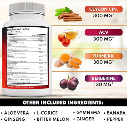 Ceylon Cinnamon, Turmeric, Apple Cider Vinegar, Ginseng, Aloe Vera, Berberine Plus Banaba, Ginger Root - 120 Count