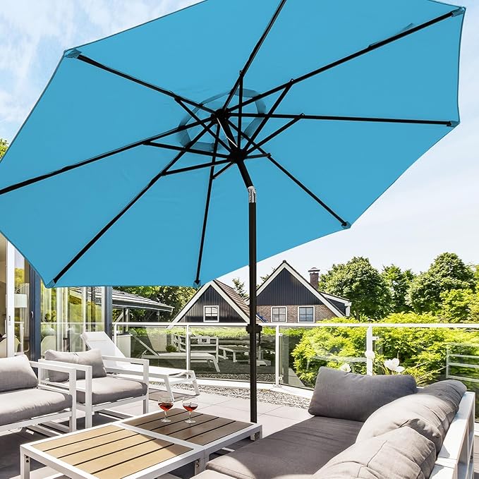 wikiwiki 10 FT Patio Umbrellas Outdoor Table Market Umbrella with Push Button Tilt/Crank, 8 Sturdy Ribs, Fade Resistant Waterproof POLYESTER DTY Canopy for Garden, Lawn, Backyard & Pool, Sky Blue