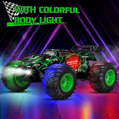 Remote Control Car, 1:18, All-Terrain Remote Control Truck with Headlight and Bodylight, 2WD, 20KM/H, PVC Shell, 2.4GHz, Rechargeable, Sturdy, Two Speed Control, Rc Cars for Kids, Green
