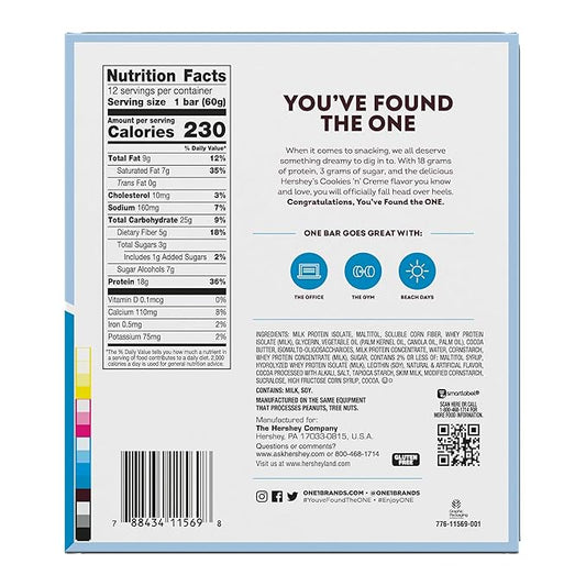 ONE Protein Bars, Hershey's Cookies 'n' Creme, Gluten Free with 18g Protein and 3g Sugar, Pantry Staples, 2.12 oz (12 Count)
