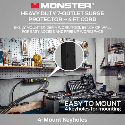 Monster Workshop Heavy-Duty Garage Power Strip Surge Protector - Mountable Heavy-Duty Wide-Spaced 7 Grounded AC Outlets with 4ft Angled Flat Plug - 1200 Joules - ETL Listed