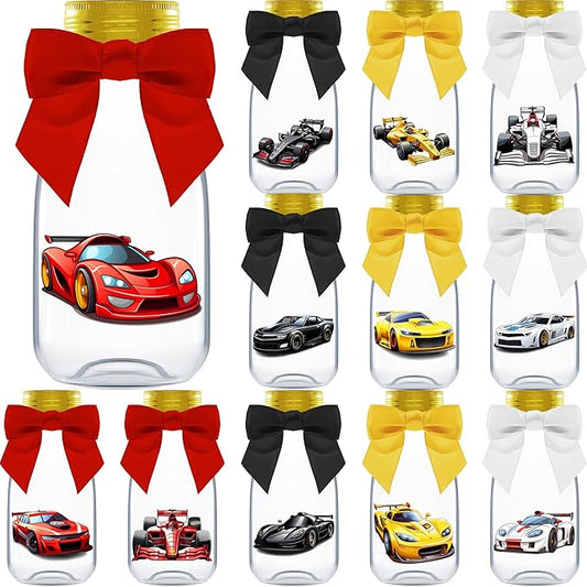 Small 12 Pack Race Car Party Favors - DIY Candy Jars with Ribbons and Stickers - Party Decoration Bottles for Birthday, School Classroom, and Baby Shower - Racecar Table Centerpiece for Kids