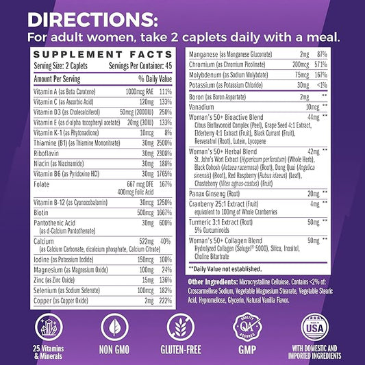Vitamin World Ultra 360 Multivitamin for Women 50 Plus, Women's 50+ Multivitamin with Minerals & Herbs for Menopause Support, Supplement with Vitamin B, D, E & Zinc for Healthy Aging, 90 Caplets