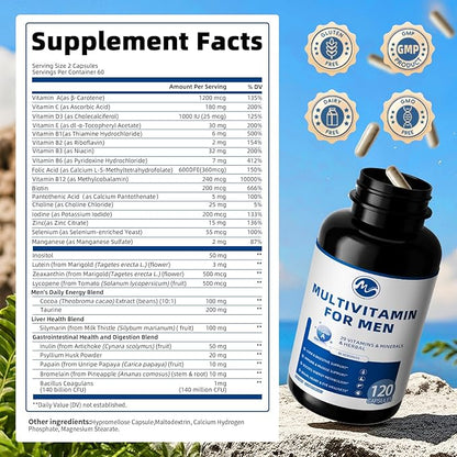 Multivitamin for Men - Daily Mens Multivitamins with Vitamin D, Zinc, Methylcobalamin B12, Folic Acid, Lycopene and Prebiotics for Men's Wellness, Immune Support, Energy and Vitality, 120 Capsules