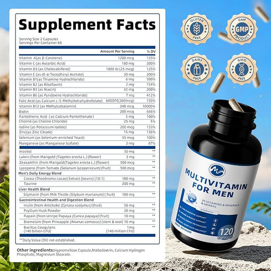 Multivitamin for Men - Daily Mens Multivitamins with Vitamin D, Zinc, Methylcobalamin B12, Folic Acid, Lycopene and Prebiotics for Men's Wellness, Immune Support, Energy and Vitality, 120 Capsules
