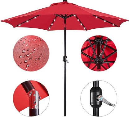 Yaheetech 9FT Solar Powered Patio Umbrella - UV Protection Market Table Umbrella w/ 32 LED Lights & Push Button Tilt & Crank Lift System for Garden/Lawn/Deck/Backyard/Pool,Red