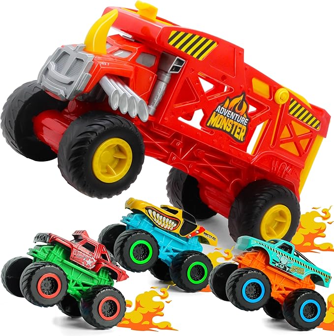 4-in-1 Mounster Truck Transport Carrier Playset, Red Mover Rhino Toy Cars Hauler Set for Children, Including 3 Diecast Monster Trucks, Ideal Gift for Kids 3+