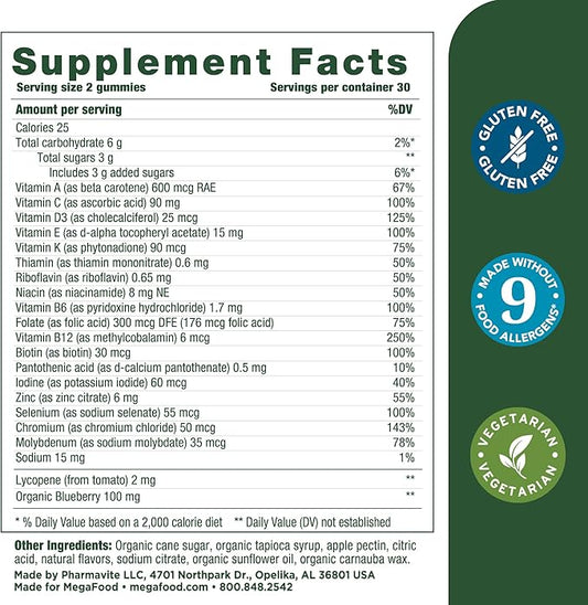 MegaFood Men's Multi - Multivitamin for Men - Gummy Vitamins for Men - Vitamin C, Vitamin D, Zinc, Vitamin B12 & Real Fruit - Immune Support - Vegetarian - Wild Blueberry - 60 Gummies (30 Servings)