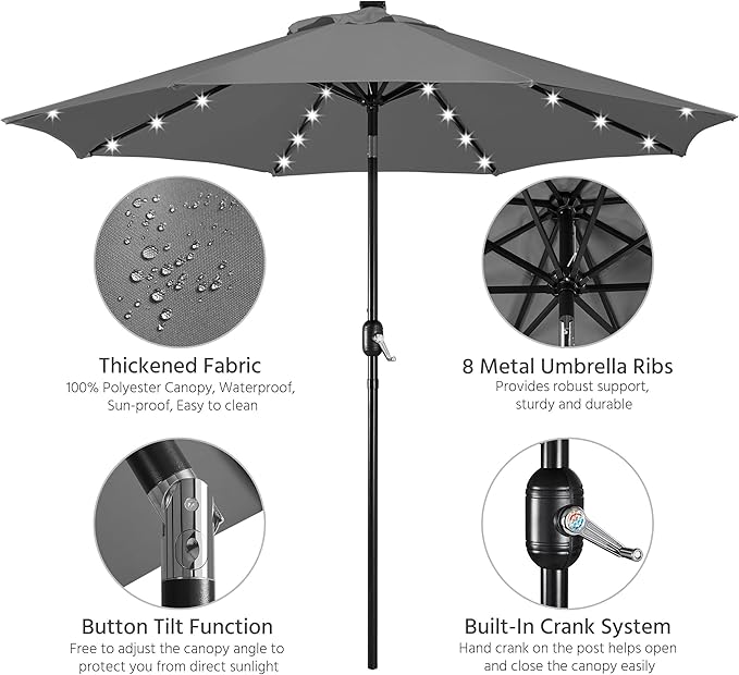 Yaheetech 9FT Solar Powered Patio Umbrella - UV Protection Market Table Umbrella w/ 32 LED Lights & Push Button Tilt & Crank Lift System for Garden/Lawn/Deck/Backyard/Pool, Gray