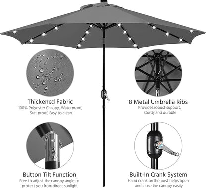 Yaheetech 9FT Solar Powered Patio Umbrella - UV Protection Market Table Umbrella w/ 32 LED Lights & Push Button Tilt & Crank Lift System for Garden/Lawn/Deck/Backyard/Pool, Gray