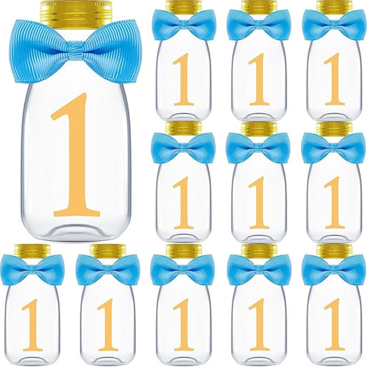 Small 12 Pack 1st Birthday Party Favors for Boys - DIY Candy Jars with Ribbons and Stickers - Baby Boy Party Decoration Bottles for First Birthday Bash - One Year Old Table Centerpieces