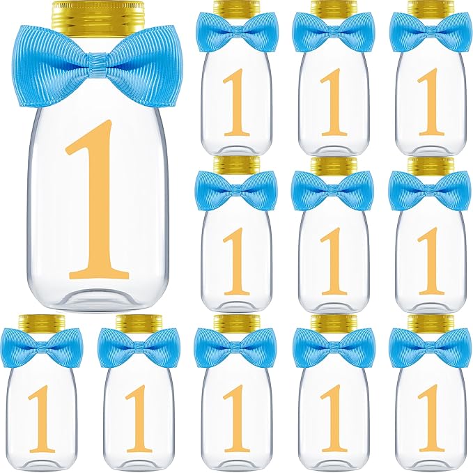 Small 12 Pack 1st Birthday Party Favors for Boys - DIY Candy Jars with Ribbons and Stickers - Baby Boy Party Decoration Bottles for First Birthday Bash - One Year Old Table Centerpieces