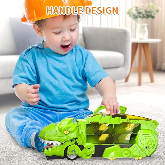 Dinosaur Transport Truck Toys - 9-in-1 Car Carrier & Track Set with 8 Mini Cars, Dino Monster Truck for Kids 3-12, Push & Pull Toy, Race & Storage Gift for Boys Girls (Green)
