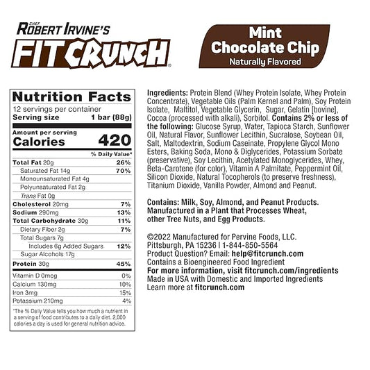 FITCRUNCH Full Size Protein Bars, 6-Layer Baked Bar, 7g of Sugar, Gluten Free & Soft Cake Core (12 Bars, Mint Chocolate Chip)