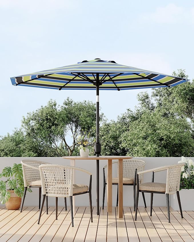 9FT Patio Umbrella Outdoor, Market Umbrella, Table Umbrella with Push Button Tilt and Crank, 8 Sturdy Ribs UV Protection Waterproof for Garden, Pool, Deck, Backyard (Yellow-Blue-Purple Striped)
