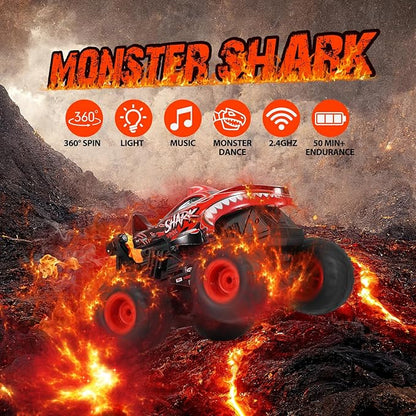 DYODYORC Remote Control Car, 2.4Ghz All Terrain Shark Monster Truck Toys, RC Truck with Music, 3 Lighting Effects, 360 Stunt Capable, All Included Ready to Run, Toy Gifts for Boys and Girls (Red)