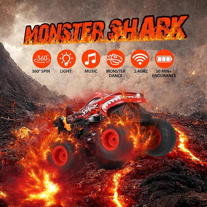 DYODYORC Remote Control Car, 2.4Ghz All Terrain Shark Monster Truck Toys, RC Truck with Music, 3 Lighting Effects, 360 Stunt Capable, All Included Ready to Run, Toy Gifts for Boys and Girls (Red)