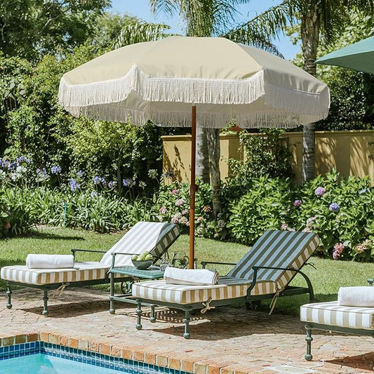 AMMSUN 7ft Patio Umbrella with Fringe Outdoor Tassel Umbrella UPF50+ Premium Steel Pole and Ribs Push Button Tilt, Light Beige