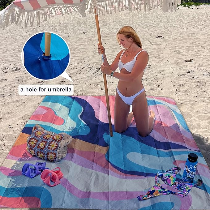 AMMSUN Boho Fringe Umbrella with Outdoor Blanket, 6.5ft UPF50+ Picnic Umbrella with Tassels with Steel Pole & Push Button Tilt, Pink Stripes