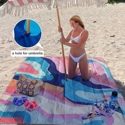 AMMSUN Boho Fringe Umbrella with Outdoor Blanket, 6.5ft UPF50+ Picnic Umbrella with Tassels with Steel Pole & Push Button Tilt, Pink Stripes