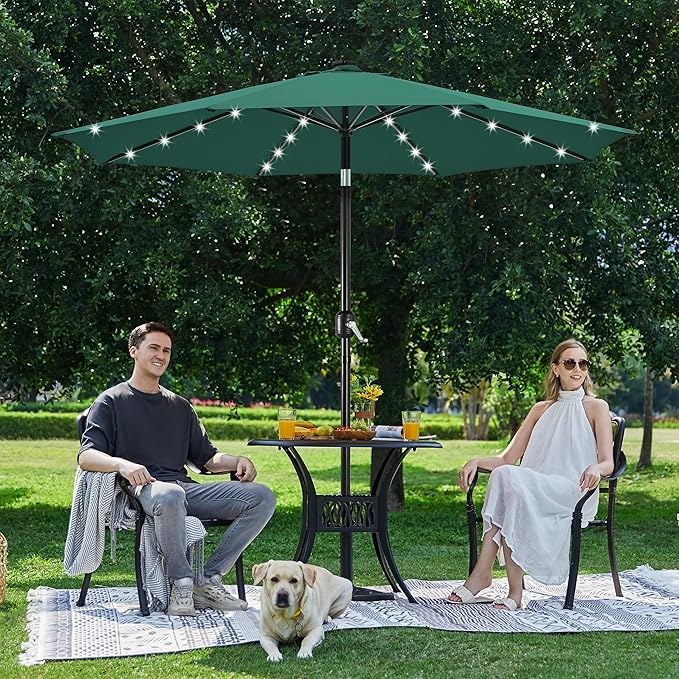 Yaheetech 10FT LED Lighted Patio Umbrella, Outdoor Solar Table Umbrella with 8 Ribs/Tilt Adjustment and Crank Lift System for Garden/Deck/Pool, Dark Green
