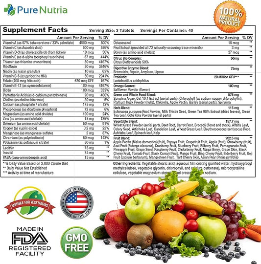 Whole Food MultiVitamin and Minerals with Probiotic Enzymes - 120 Multivitamins for Women and Men - Packed with WholeFood and Herbal Ingredients - Powerful Antioxidants for Digestive Support