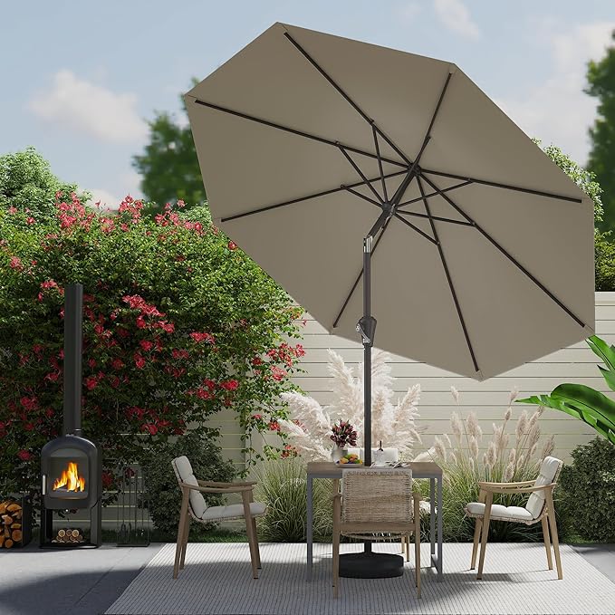 9 FT Patio Umbrella for Outdoor, Outdoor Umbrella with Push Button Tilt and Crank, Outdoor Patio Umbrellas with 8 Sturdy Ribs for Market, Garden, Deck, Backyard, Pool (Light Gray)