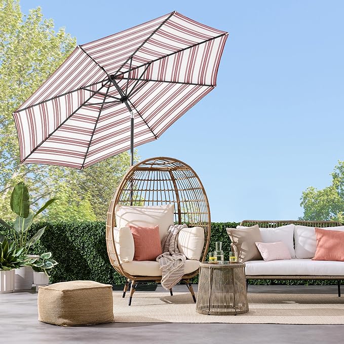 Best Choice Products 10ft Solar Polyester LED Lighted Patio Umbrella w/Tilt Adjustment and UV-Resistant Fabric - Striped Burgundy