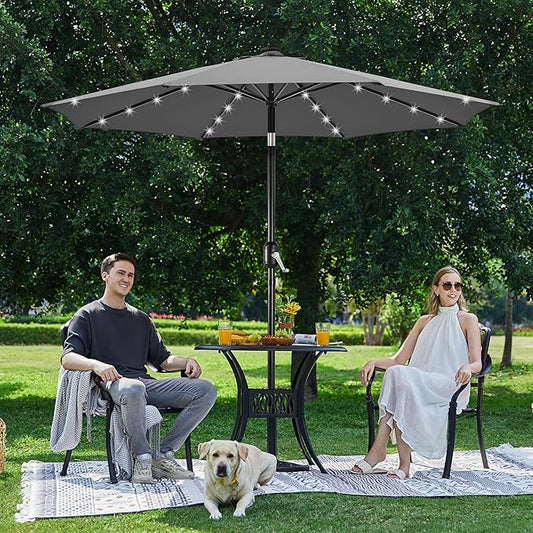 Yaheetech 10FT LED Lighted Patio Umbrella, Outdoor Solar Table Umbrella with 8 Ribs/Tilt Adjustment and Crank Lift System for Garden/Deck/Pool, Gray